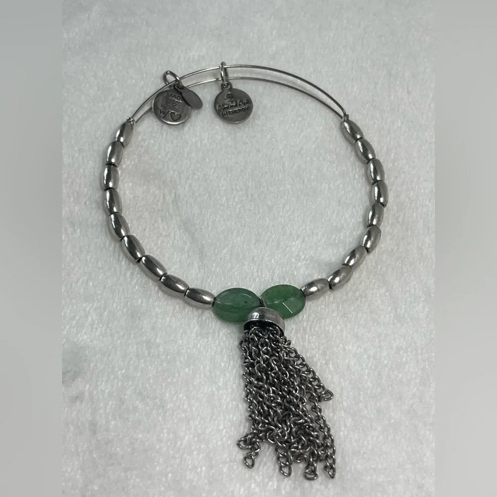 Alex & Ani silver bracelet with green stones beads